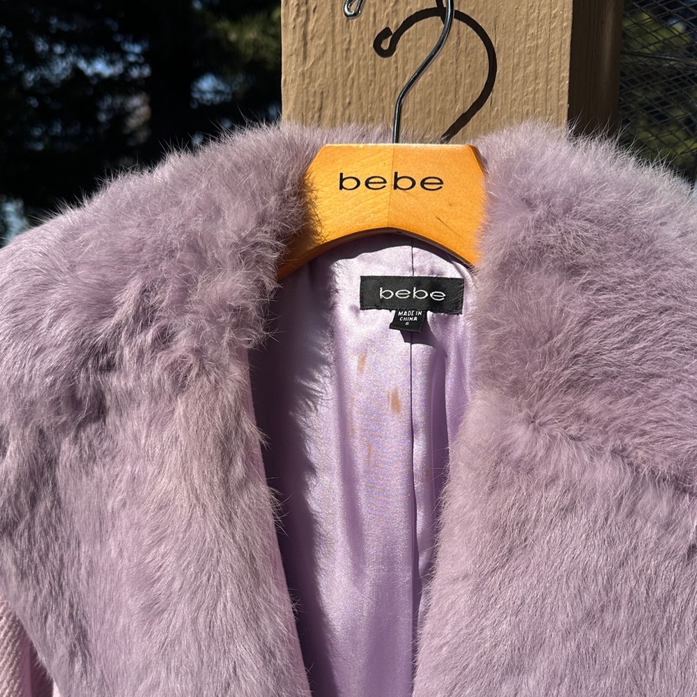 Bebe Women's Soft Long Purple Teddy Jacket with Fur Trim - Picture 2 of 8